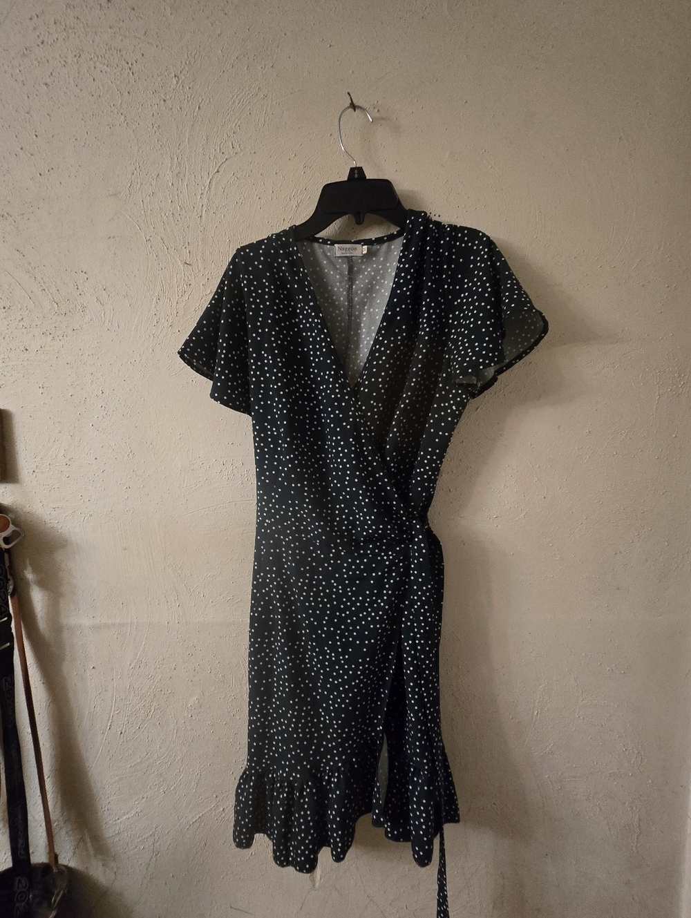 Green Polka Dot Wrap Dress with Ruffle Hem